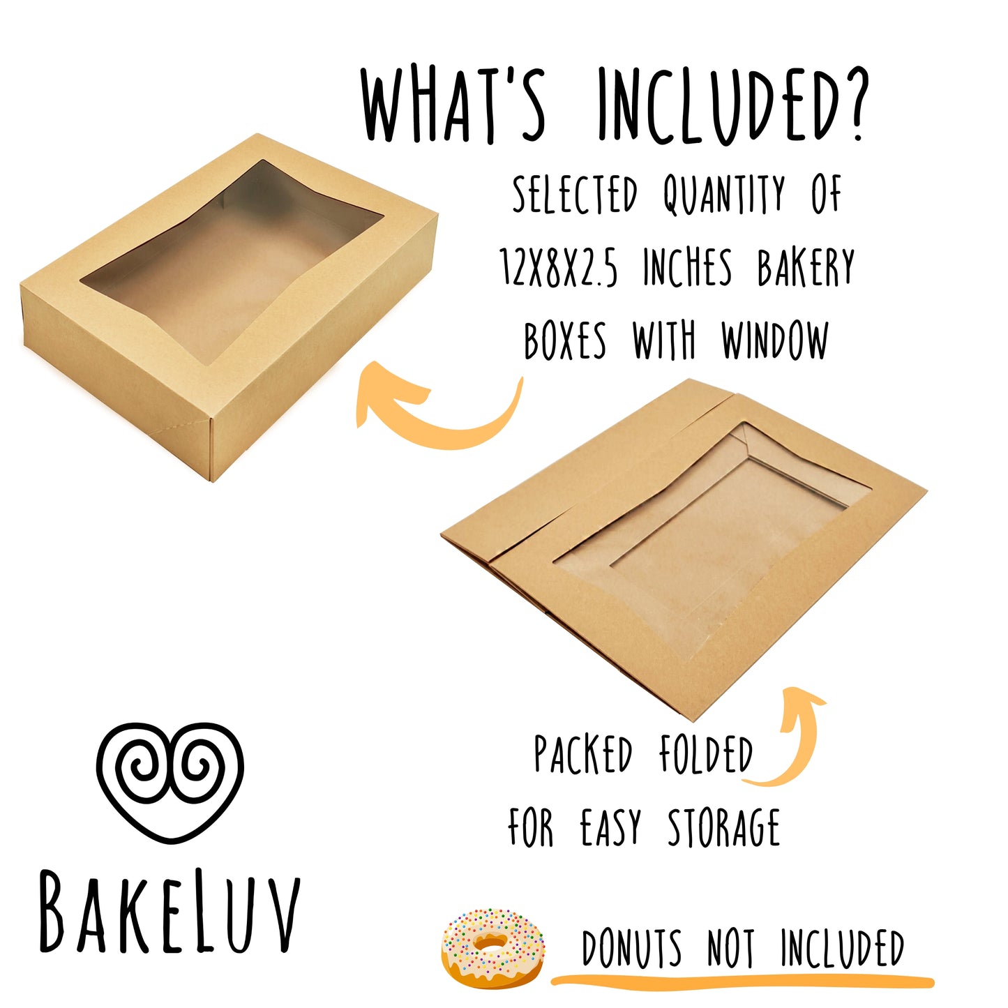 BAKELUV 12x8x2.5" Brown Pastry Boxes With Window