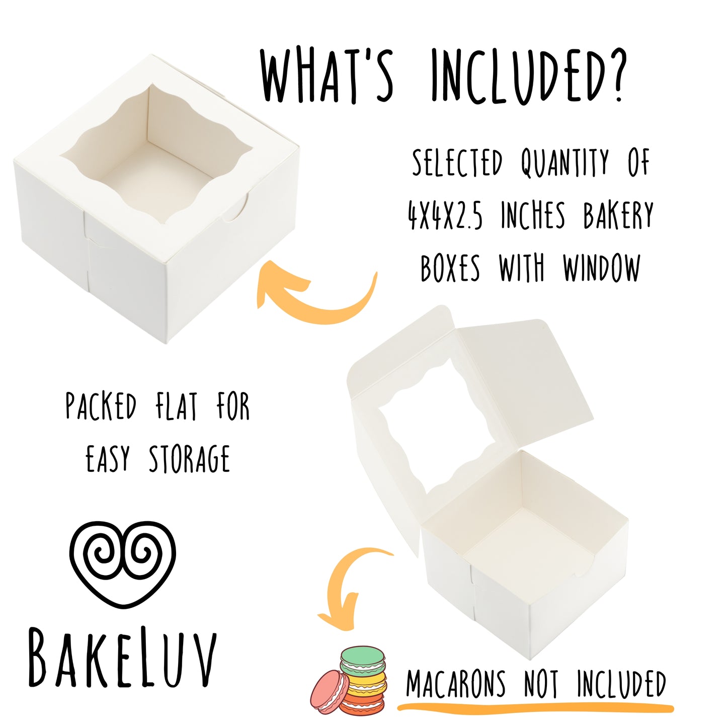 BAKELUV 4X4X2.5” White Bakery Boxes with Window