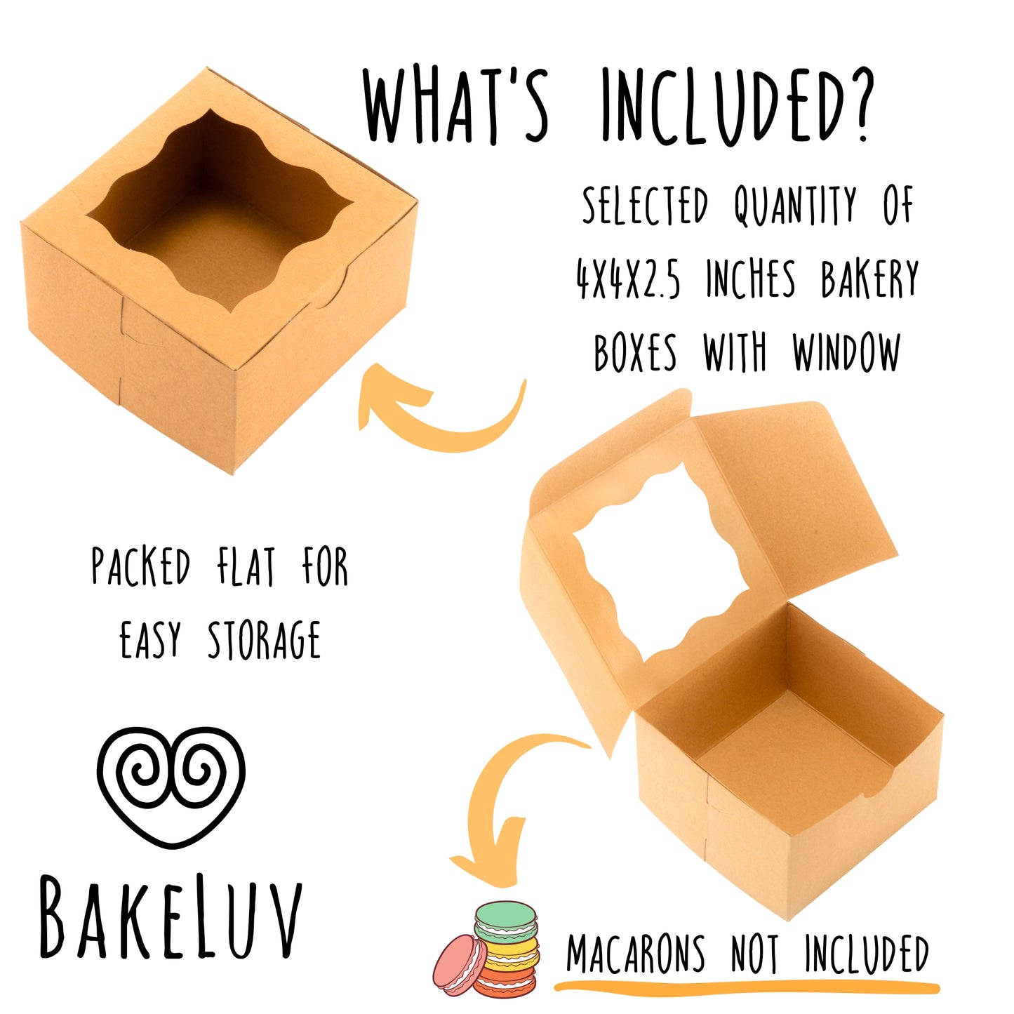 BAKELUV 4X4X2.5” Brown Bakery Boxes with Window