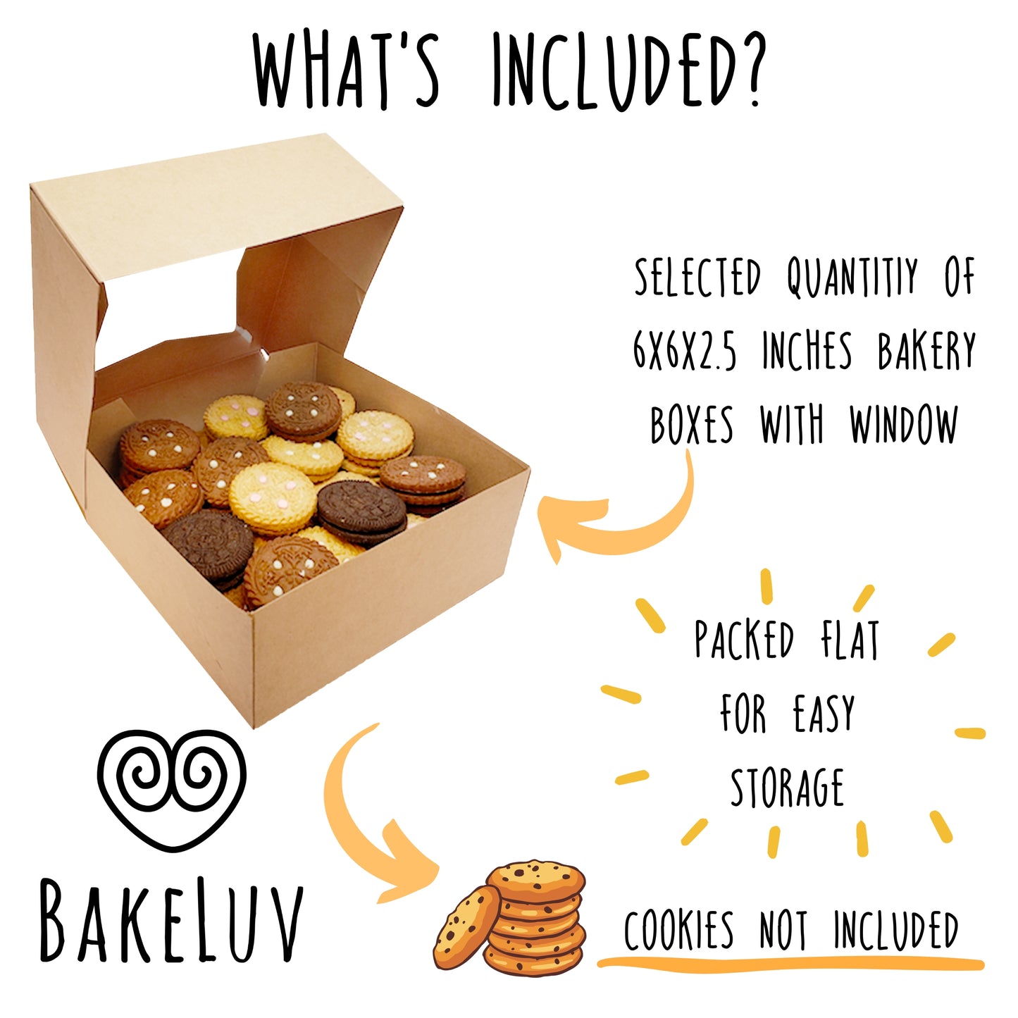 BAKELUV 6x6x2.5” Brown Bakery Boxes with Window