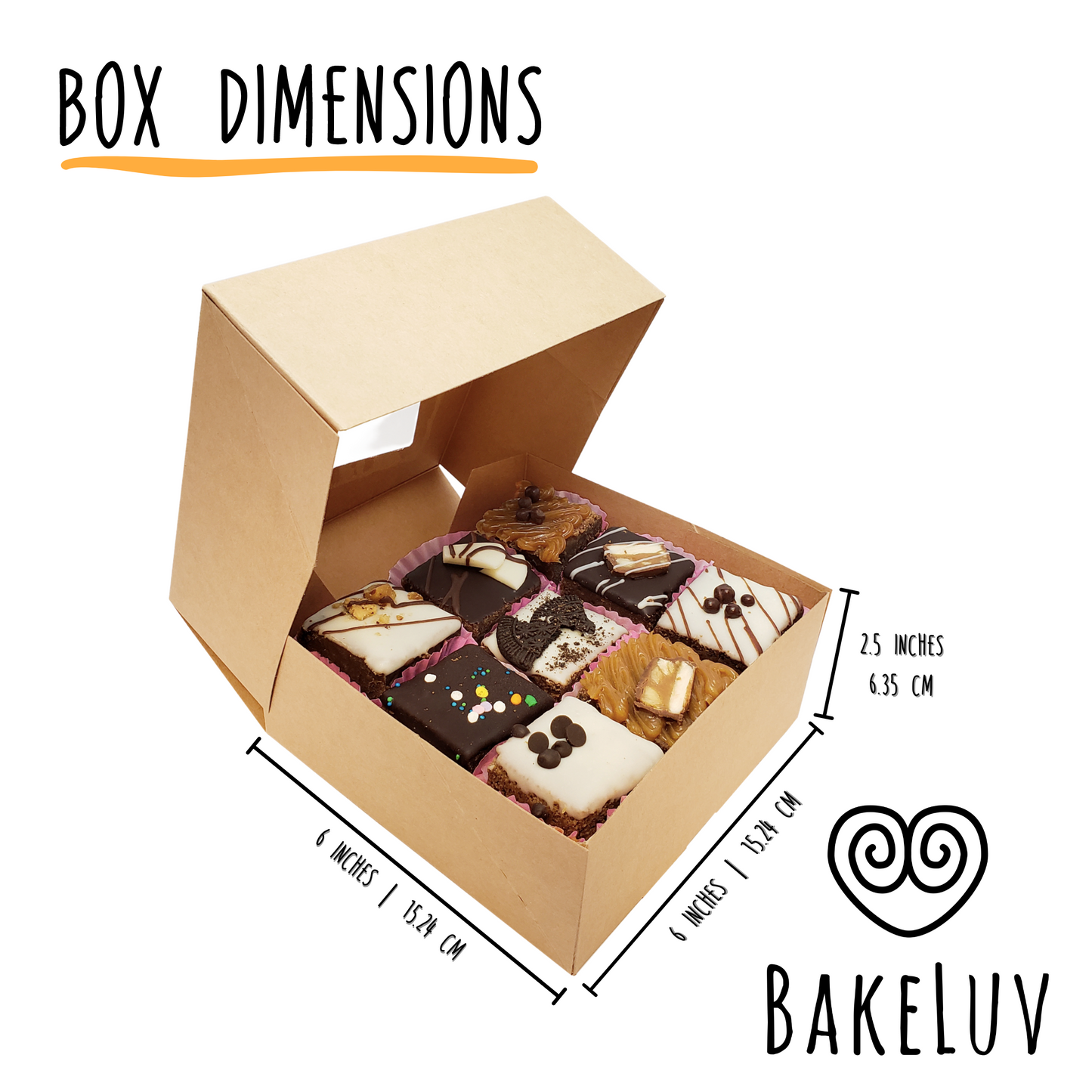 BAKELUV 6x6x2.5” Brown Bakery Boxes with Window