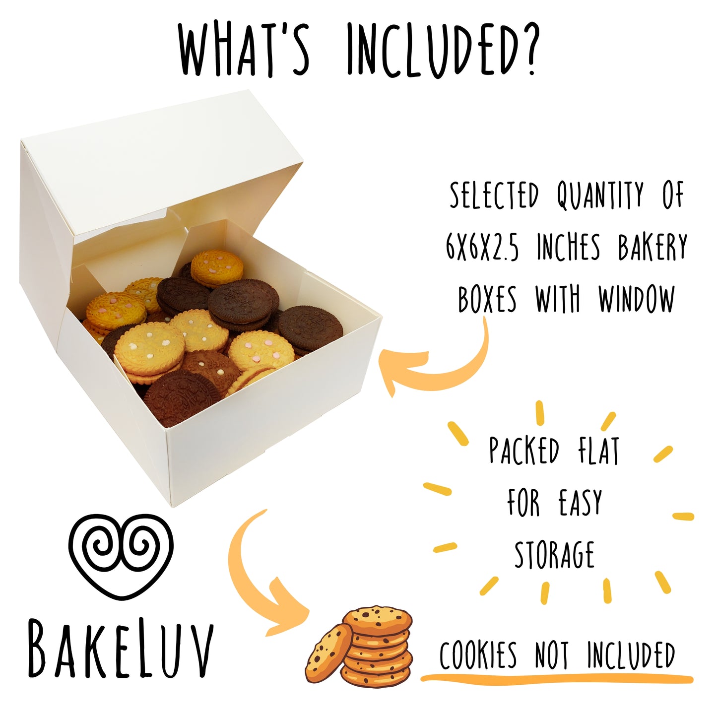 BAKELUV 6x6x2.5” White Bakery Boxes with Window